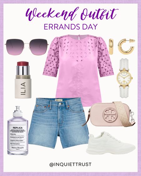 Run your weekend errands in this stylish outfit: a purple eyelet top paired with denim shorts, white sneakers, and a light pink handbag. Complete the look with some white and gold jewelry, sunnies, and subtle makeup!
#casualstyle #onthegolook #outfitinspo #beautypicks

#LTKBeauty #LTKShoeCrush #LTKStyleTip