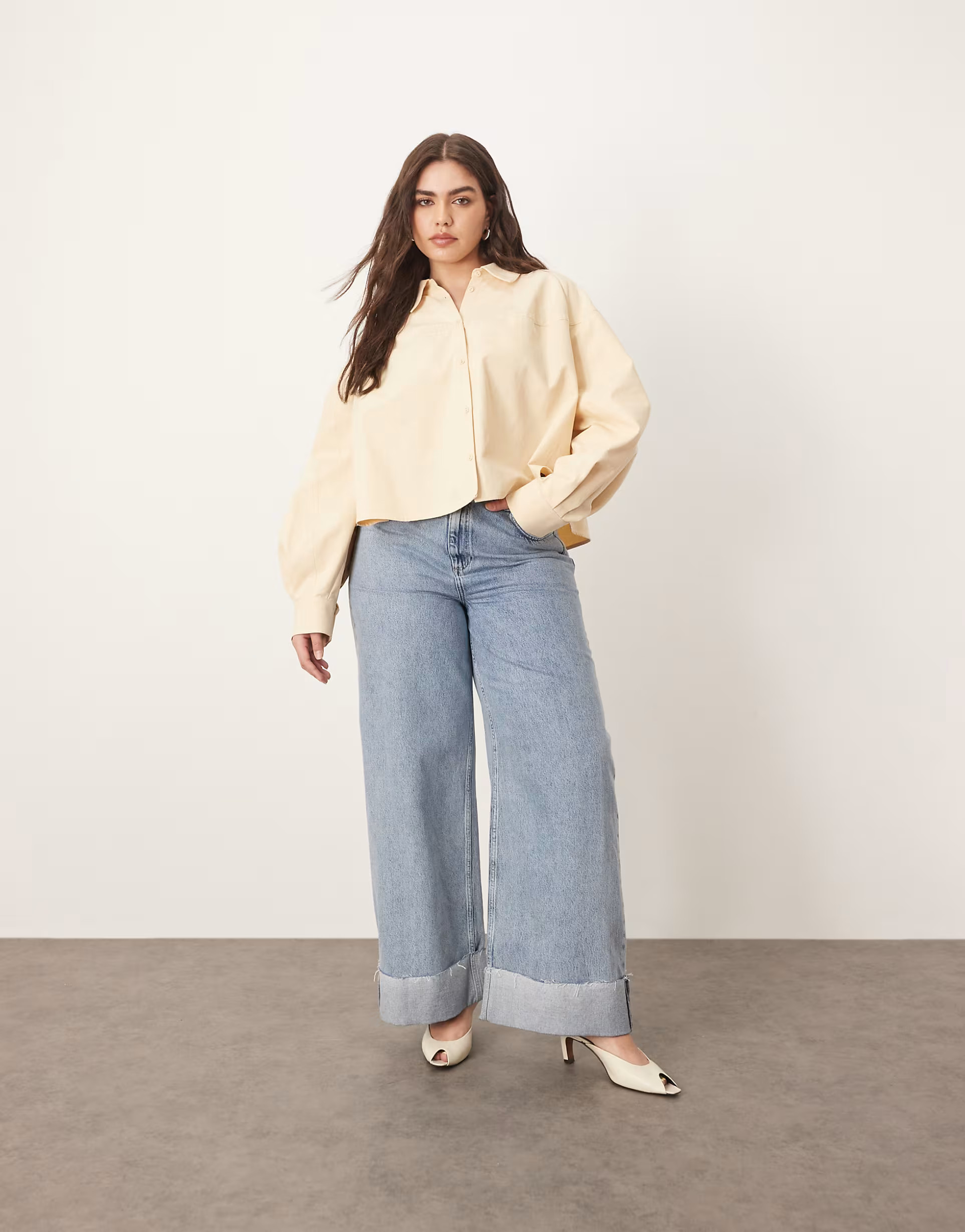 ARRANGE Curve Parker denim high rise slouchy turn up jeans in light wash blue | ASOS (Global)