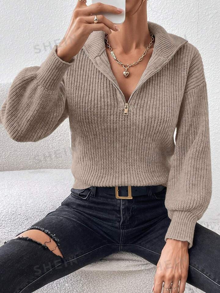 SHEIN Frenchy Ribbed Knit Half Zip Drop Jacquard Grain Shoulder Sweater | SHEIN