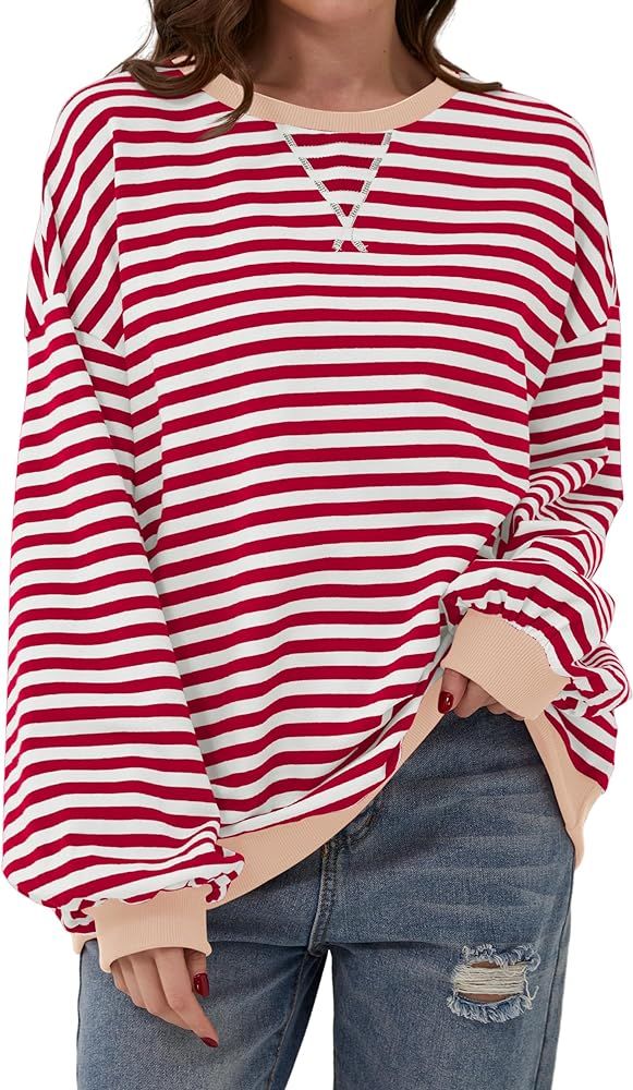 Women Oversized Striped Color Block Long Sleeve Crew Neck Sweatshirt Casual Loose Pullover Y2K Sh... | Amazon (US)