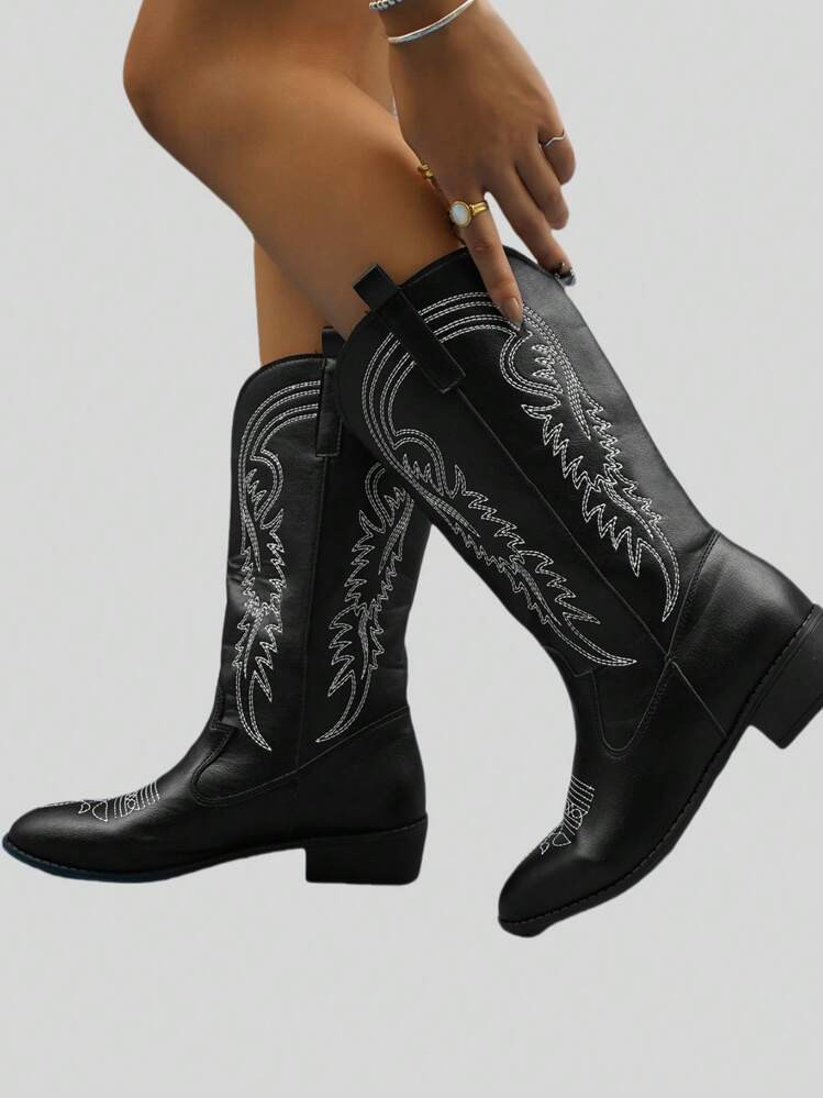 ROMWE Fairycore Mid-Calf Western Style Colorblock Cowboy Boots, 2024 Spring/Summer New Arrival Fall For Christmas And New Year Holiday Valentines Spring Shoes | SHEIN