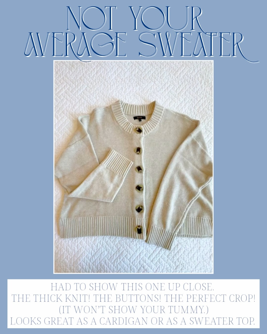 Not your average sweater. The thick knit! The buttons! The perfect crop! (It won’t show your tummy.) Looks great as a cardigan or as a sweater top. 

#QuincePartner @onequince
cropped sweater | cozy cardigan | fall style | affordablestyle 
 

 #LTKSeasonal #LTKOver40 #LTKFindsUnder100