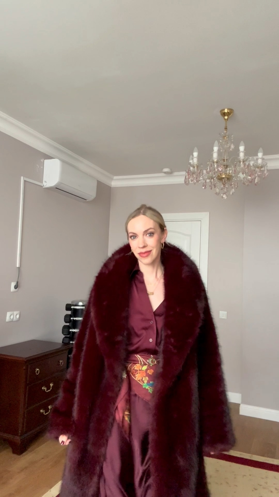 Workwear outfit, GRWM, bordeaux red faux fur coat, burgundy satin shirt, burgundy skirt, monochrome burgundy, Gucci silk scarf, burgundy boots

#LTKSaleAlert #LTKgrwm #LTKWorkwear