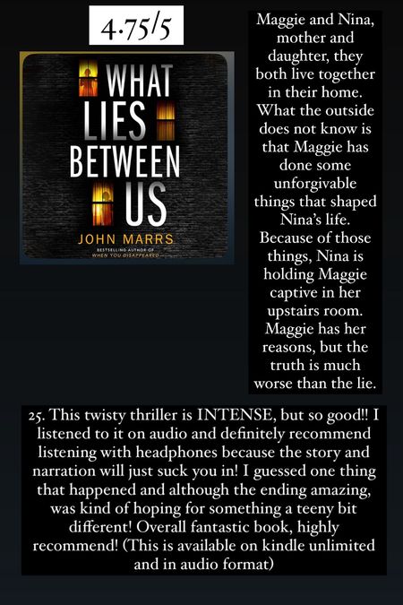 25. What Lies Between Us by John Marrs:: 4.75/5⭐️ Maggie and Nina, mother and daughter, they both live together in their home. What the outside does not know is that Maggie has done some unforgivable things that shaped Nina’s life. Because of those things, Nina is holding Maggie captive in her upstairs room. Maggie has her reasons, but the truth is much worse than the lie. This twisty thriller is INTENSE, but so good!! I listened to it on audio and definitely recommend listening with headphones because the story and narration will just suck you in! I guessed one thing that happened and although the ending amazing, was kind of hoping for something a teeny bit different! Overall fantastic book, highly recommend! (This is available on kindle unlimited and in audio format)


#LTKhome #LTKtravel