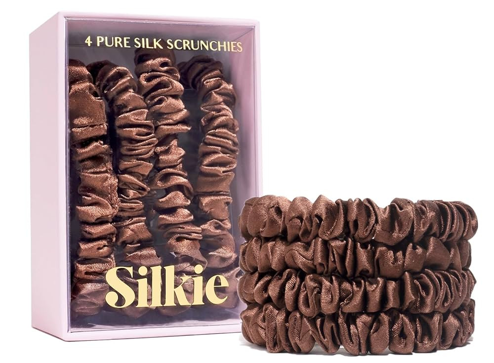 SILKIE x4 Set 100% Pure Mulberry Silk Brown Skinny Scrunchies Travel Pouch Everyday Hair Ties Ela... | Amazon (US)