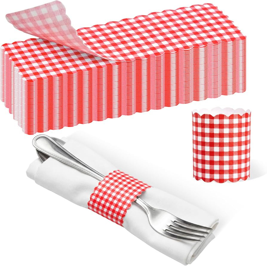 FoldTier 100 Pcs Red and White Checkered Paper Napkin Ring Disposable Napkin Band Self Adhesive R... | Amazon (US)