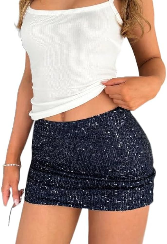Just Quella Women's Low Rise Shiny Sequin Stretch Glitter Bodycon Mini Skirt Sexy Sparkly Night O... | Amazon (US)