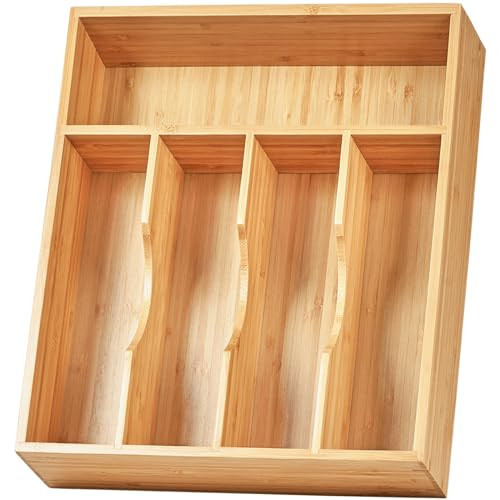 Umilife Bamboo Kitchen Drawer Organizer, 11 Inch Silverware Utensils Tray Holder with Grooved Dividers, 2.4" High Wood Caddy for Flatware Cutlery Knives | Amazon (US)