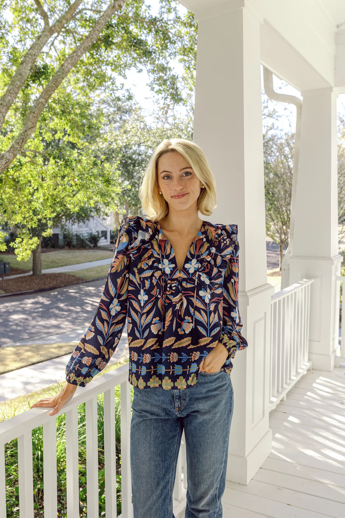 Navy Geo Floral Ruffle Front Top with Tassels | Sail to Sable