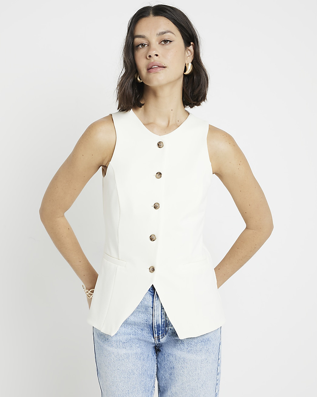 Cream crew neck waistcoat | River Island (UK & IE)