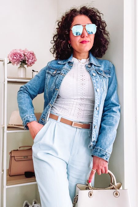 Spring outfit, high waisted pants, blue pants, trousers, wide leg pants, denim jacket 

#LTKstyletip