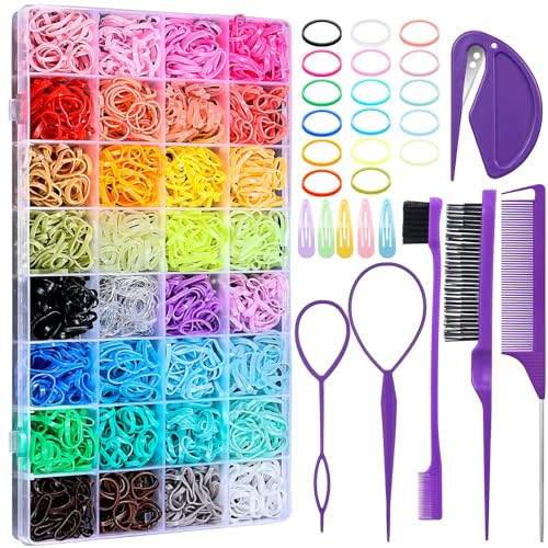 32 Colors Small Hair Rubber Bands with 16 Styling Tools, 2000 Pcs Elastic Girl Baby Hair Ties, Mi... | Amazon (US)
