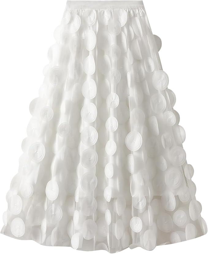 Women Tulle Midi Skirt High Elastic Waist 3D Polka Dot Mesh Skirt A-Line Layered Bubble Skirt Gra... | Amazon (US)
