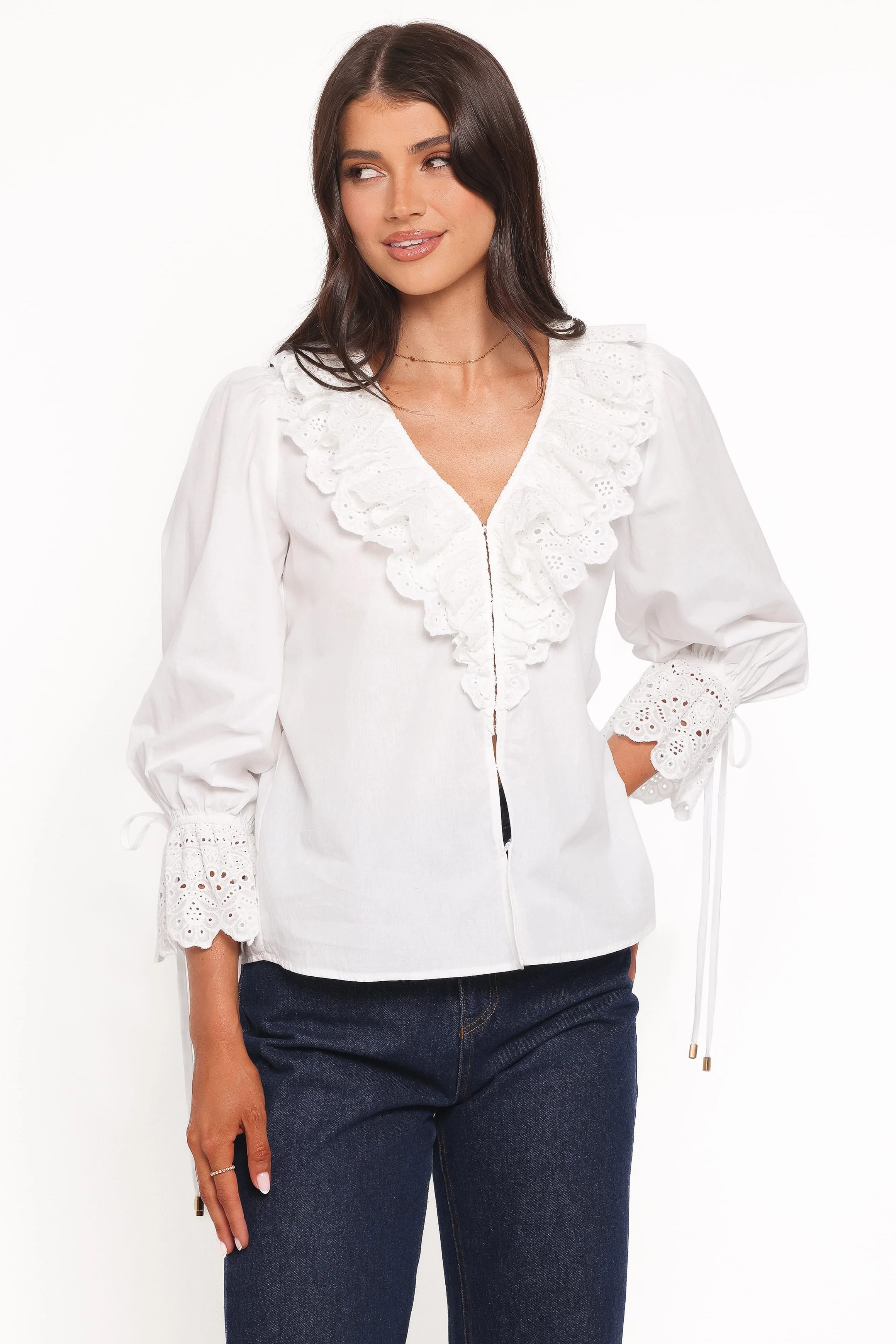 Aelwen Ruffle Blouse - White Embroidery | Petal & Pup (US)