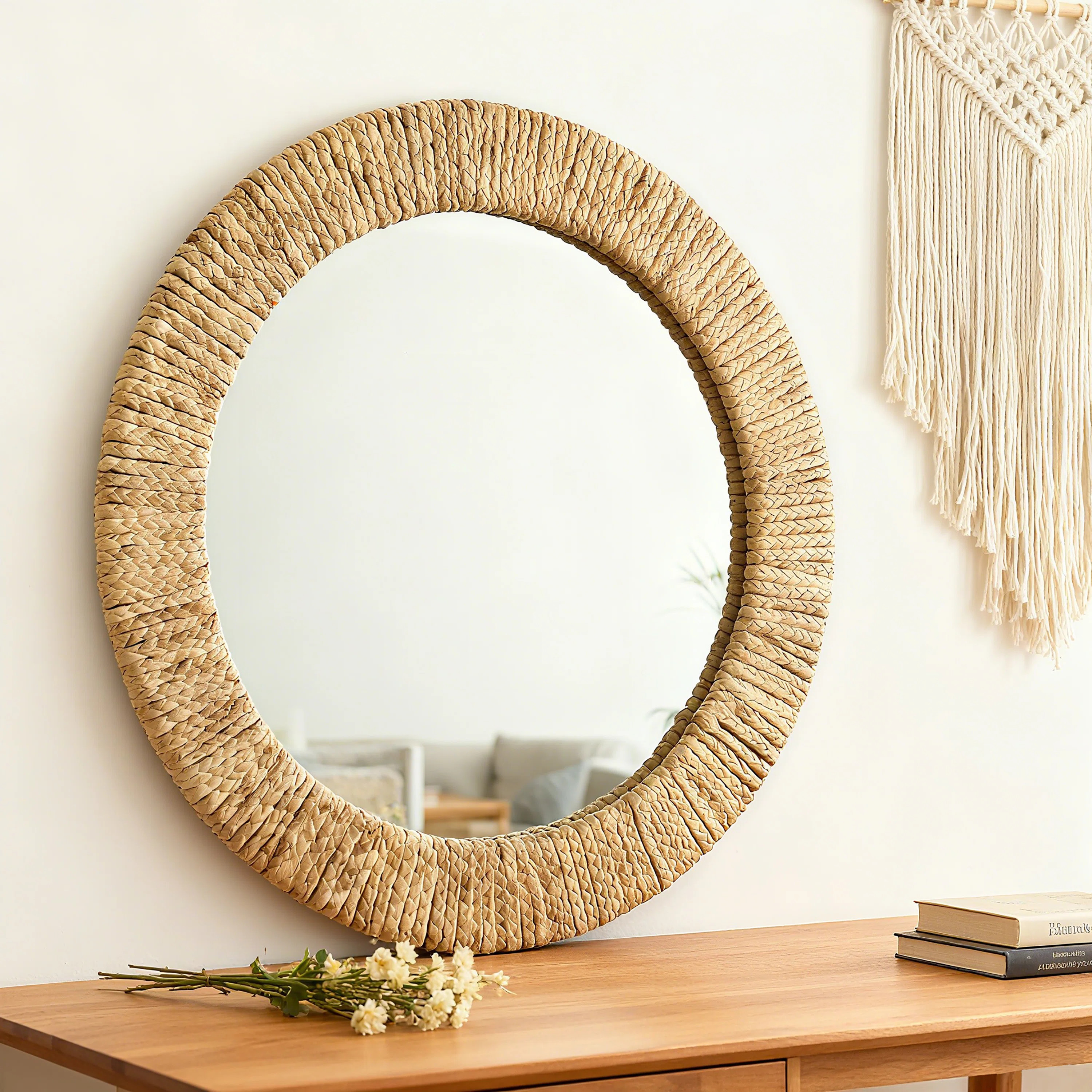 Handwoven Rope Round Wall Mirror,Rustic Farmhouse Style Decorative Mirro, Ideal For The Living Ro... | Wayfair North America