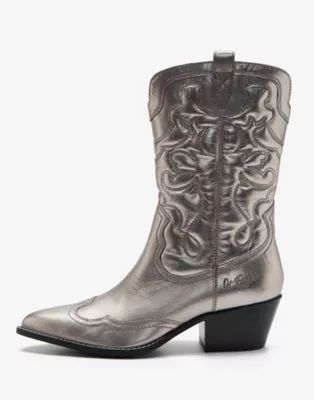 Off The Hook soho knee leather cowboy boots calf boots in silver | ASOS (Global)