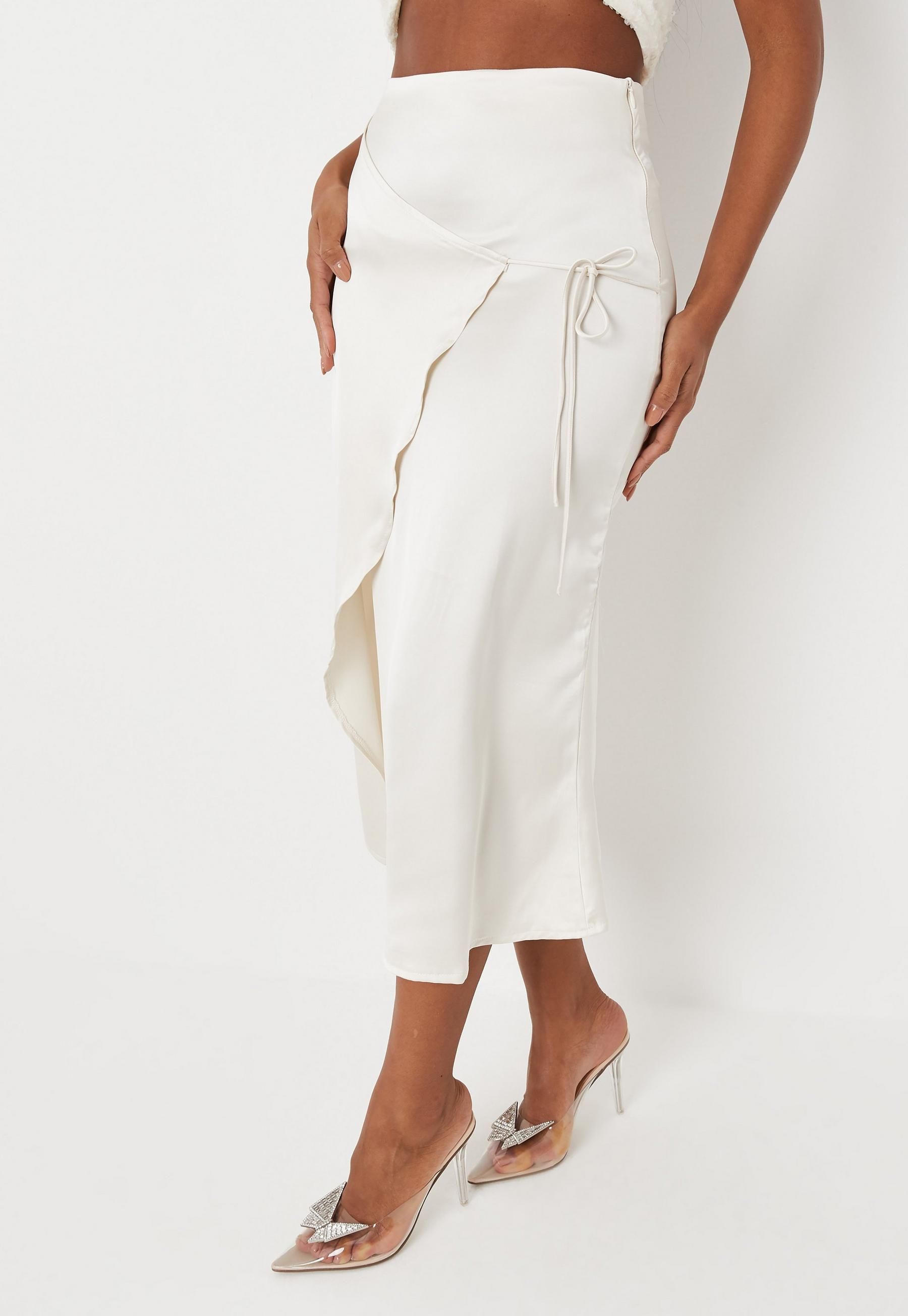 Cream Satin Tie Side Midi Skirt | Missguided (UK & IE)