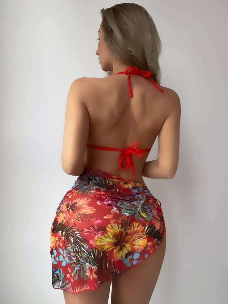 Tropical Print Halter Triangle Bikini Swimsuit With Cover Up | SHEIN