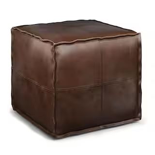 Brody Boho Square Pouf in Distressed Dark Brown Faux Leather | The Home Depot