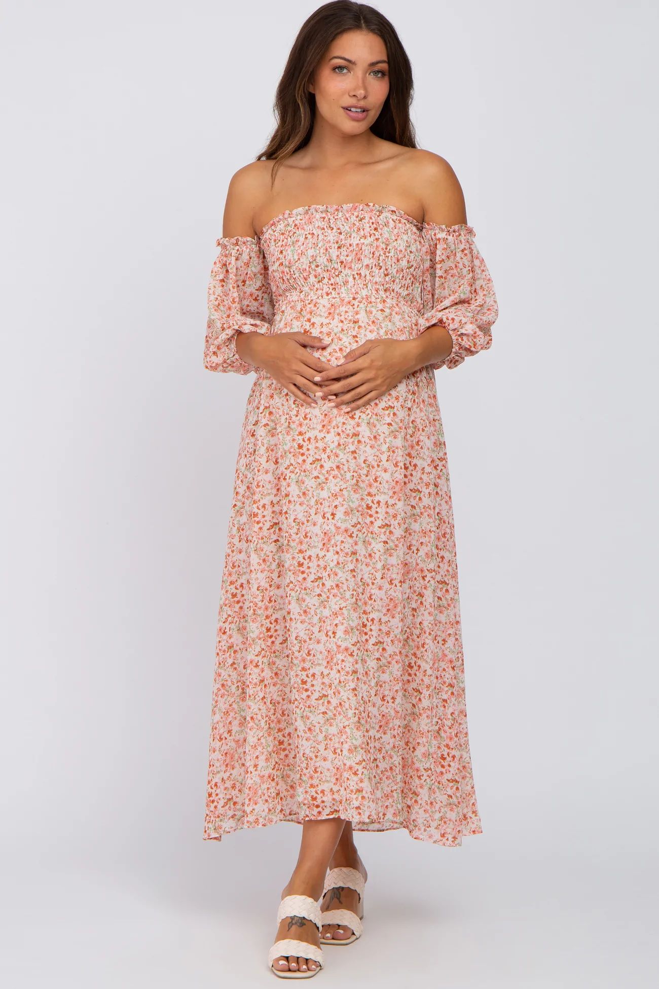 Mauve Floral Chiffon Smocked Off Shoulder Maternity Midi Dress | PinkBlush Maternity
