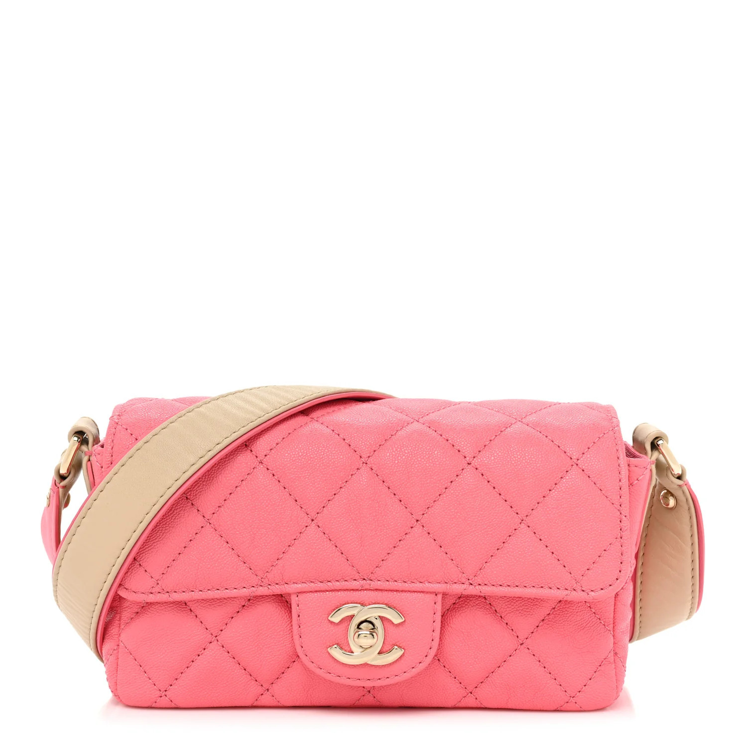Iridescent Caviar Quilted Mini Flap With Thick Strap Pink Beige | FASHIONPHILE (US)