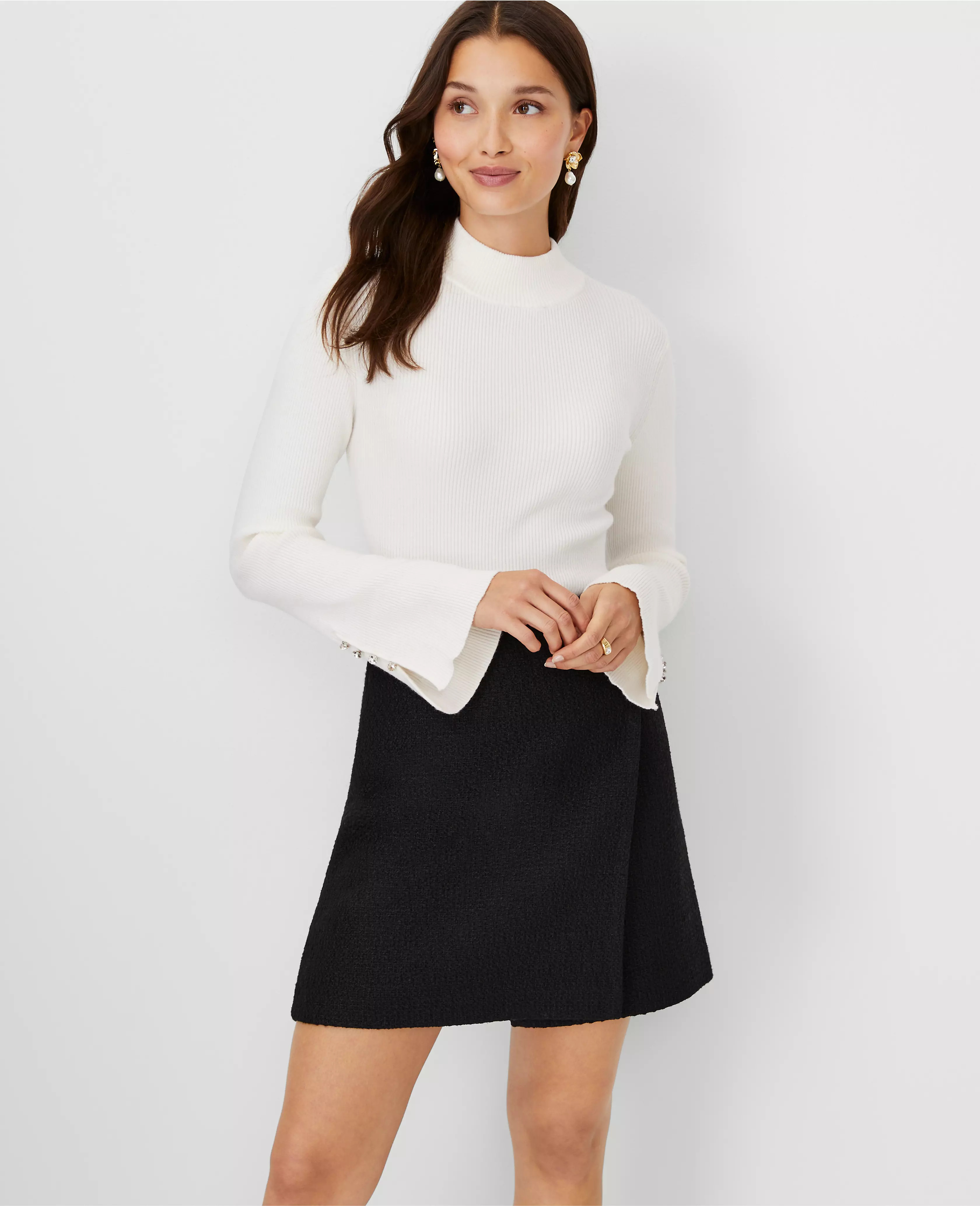 Crystal Button Cuff Ribbed Sweater | Ann Taylor (US)
