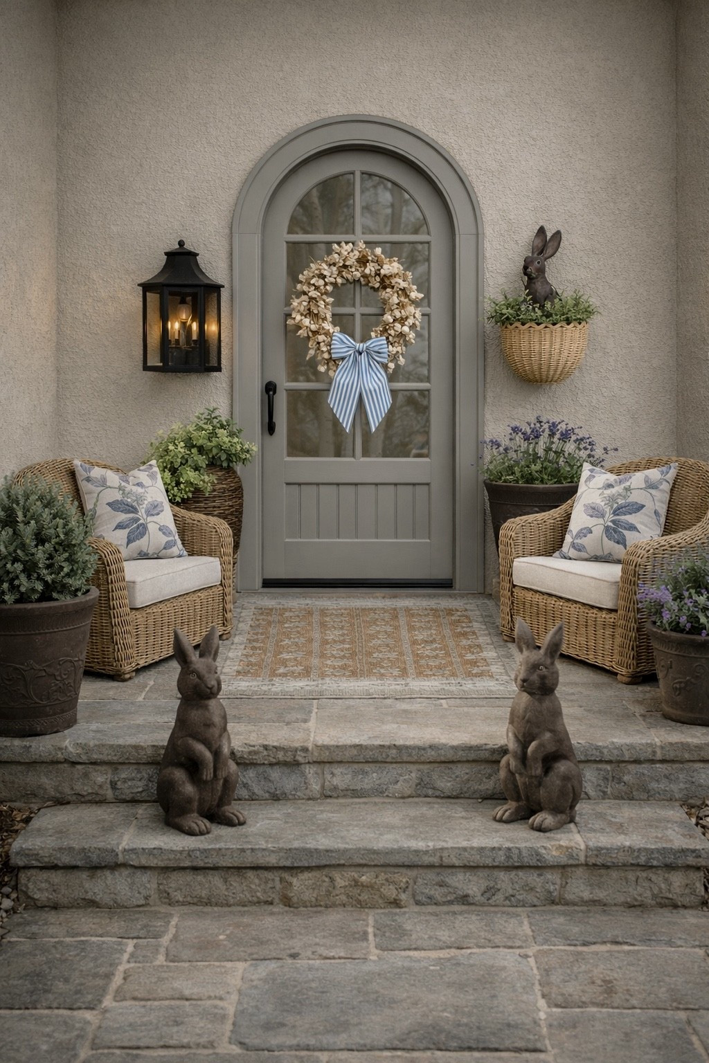 OK, I wanna bring this one to life, east, or spring front porch idea, love these resin bunnies, and the little planter with the bunny in it next to the door, Easter or spring, front door, wreath, striped bow, outdoor lantern, outdoor rattan chairs, so boxwoods

#LTKHome #LTKSaleAlert