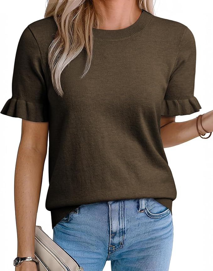 EVALESS Women's Wool Blend Short Puff Sleeve Sweater Knit Tops 2026 Trendy Crewneck Casual Summer... | Amazon (US)