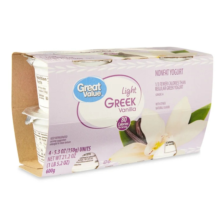 Great Value Vanilla Light Nonfat Greek Yogurt, 5.3 oz Cups, 4 Pack | Walmart (US)