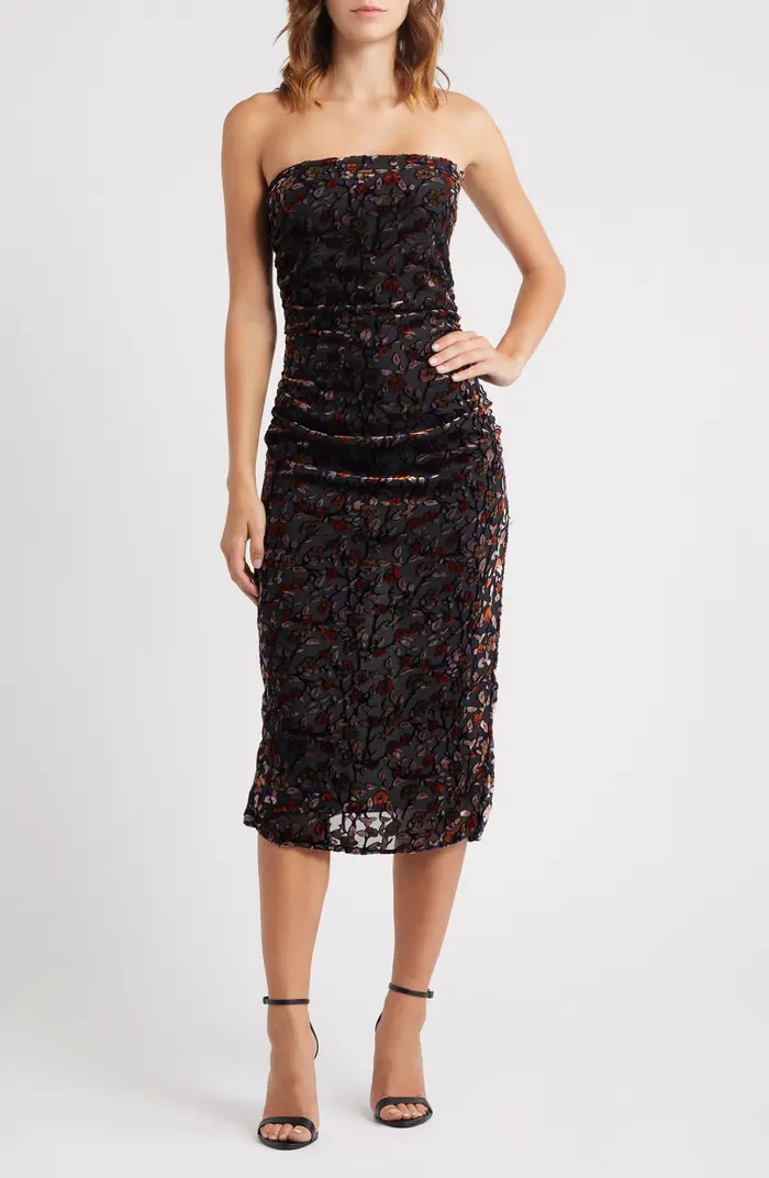 Lulus Pixie Metallic Floral Strapless Mesh Midi Dress | Nordstrom | Nordstrom