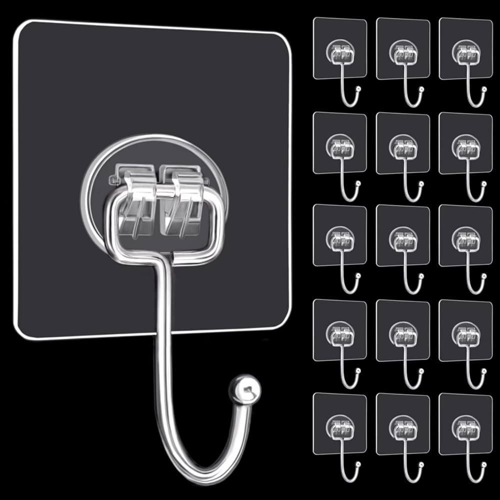 Large Adhesive Hooks, 16-Pack Hold 44lb(Max) Heavy Duty Sticky Hooks, Waterproof Transparent Hooks for Hanging, Self-Adhesive Traceless Clear Wall Hooks to Use for Keys Robe & Towel | Amazon (US)