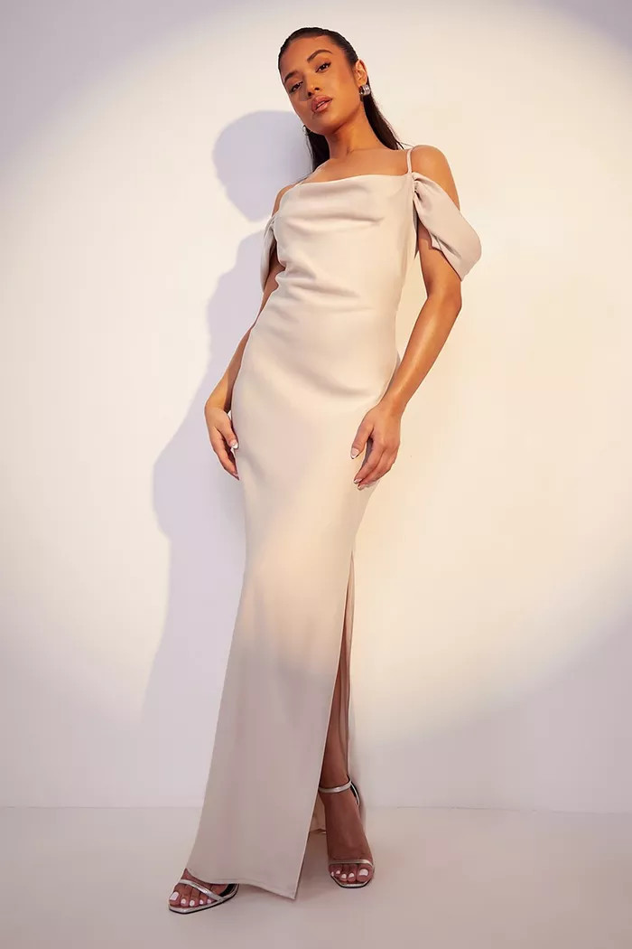 Petite Satin Cold Shoulder Maxi Dress | Boohoo.com (US & CA)