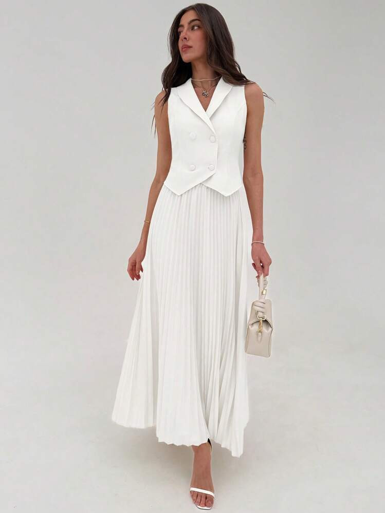 Aloruh Elegant Office/Commuting Button Decor Top With Extended Length Pleated Skirt Two Pieces Set, Collegiate Style Versatile Date Outfit, Business Casual Woman, Summer Sets | SHEIN