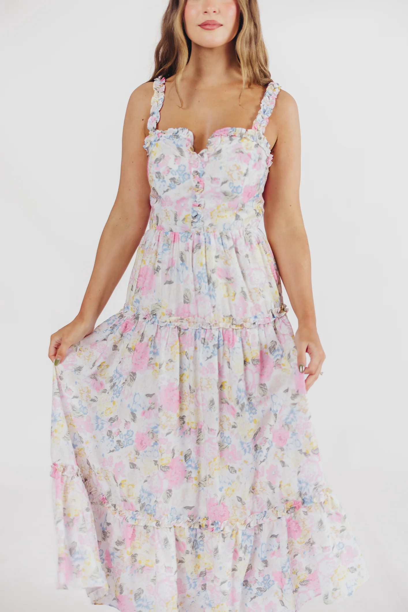 Josie Ruffled Trim Midi Dress in White/Multi Floral | Worth Collective