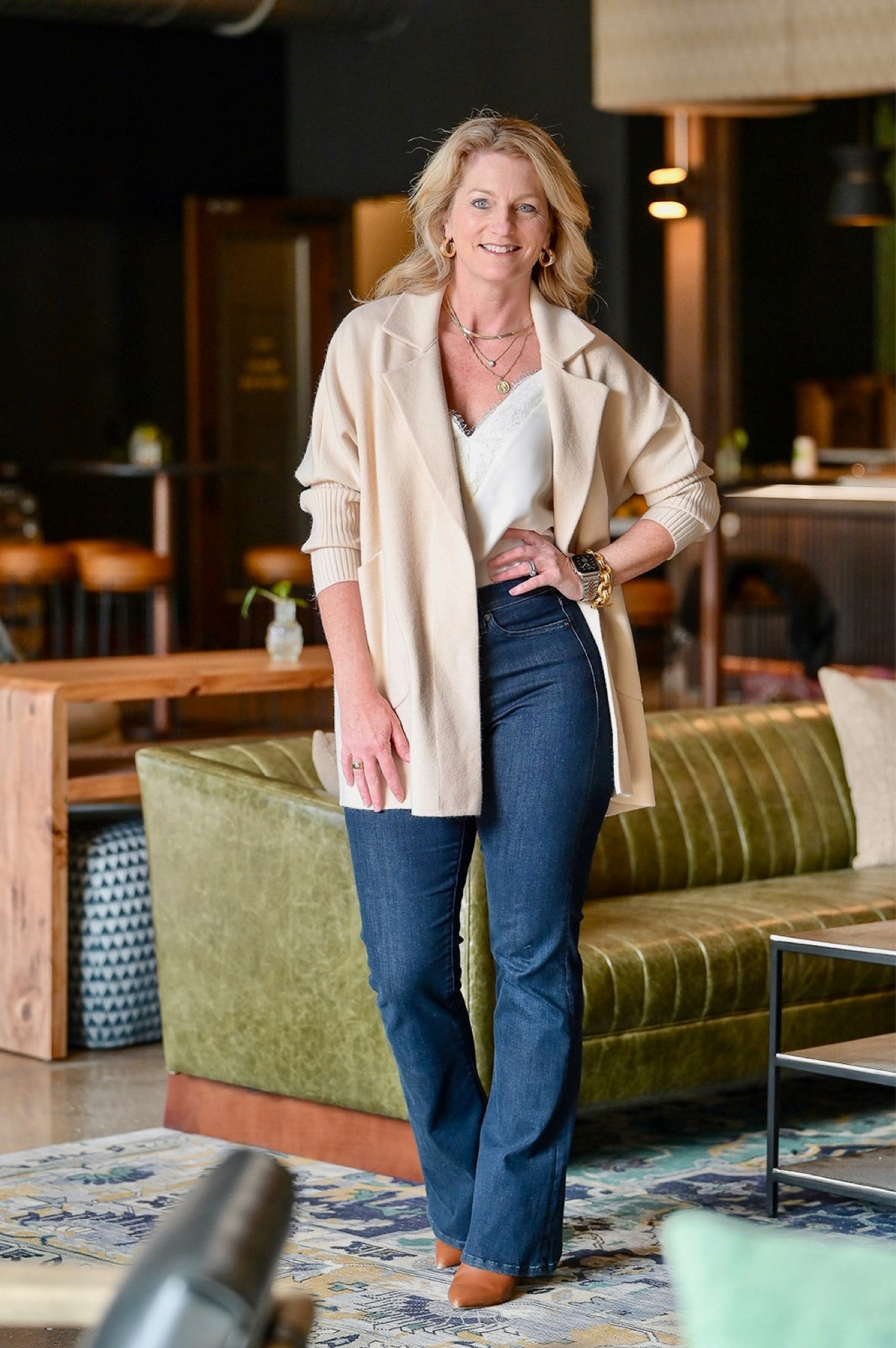 We love a good sweater blazer - so many ways to wear one both casual and dressy.  Love how Katey paired hers with flare jeans and cognac booties for a beautiful dressy casual look!

#LTKSeasonal #LTKstyletip #LTKover40