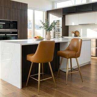 Auren 25.75 in. Light Brown Upholstered Metal Frame Counter Stool with Golden Legs (Set of 2) | The Home Depot