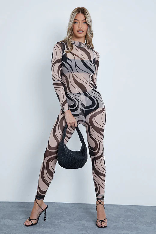Nude Mesh Swirl Print Highneck Bodysuit | ISAWITFIRST UK