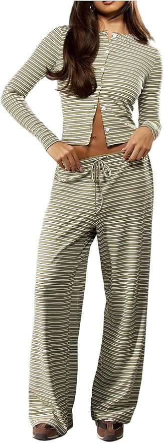 SweatyRocks Women's Striped 2 Piece Outfit Button Down Long Sleeve Knit Top Set Leisure | Amazon (US)