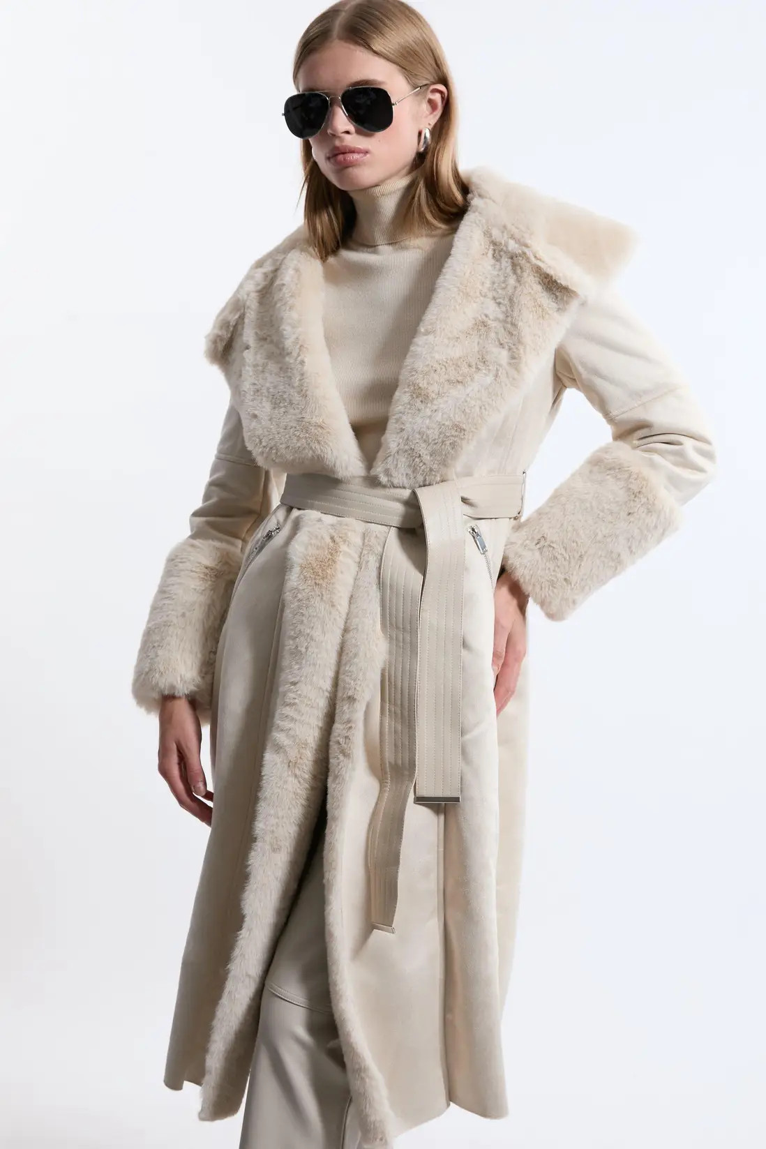 Jackets & Coats | Faux Shearling Collar & Cuff Belted Midi Coat | KarenMillen | Karen Millen US