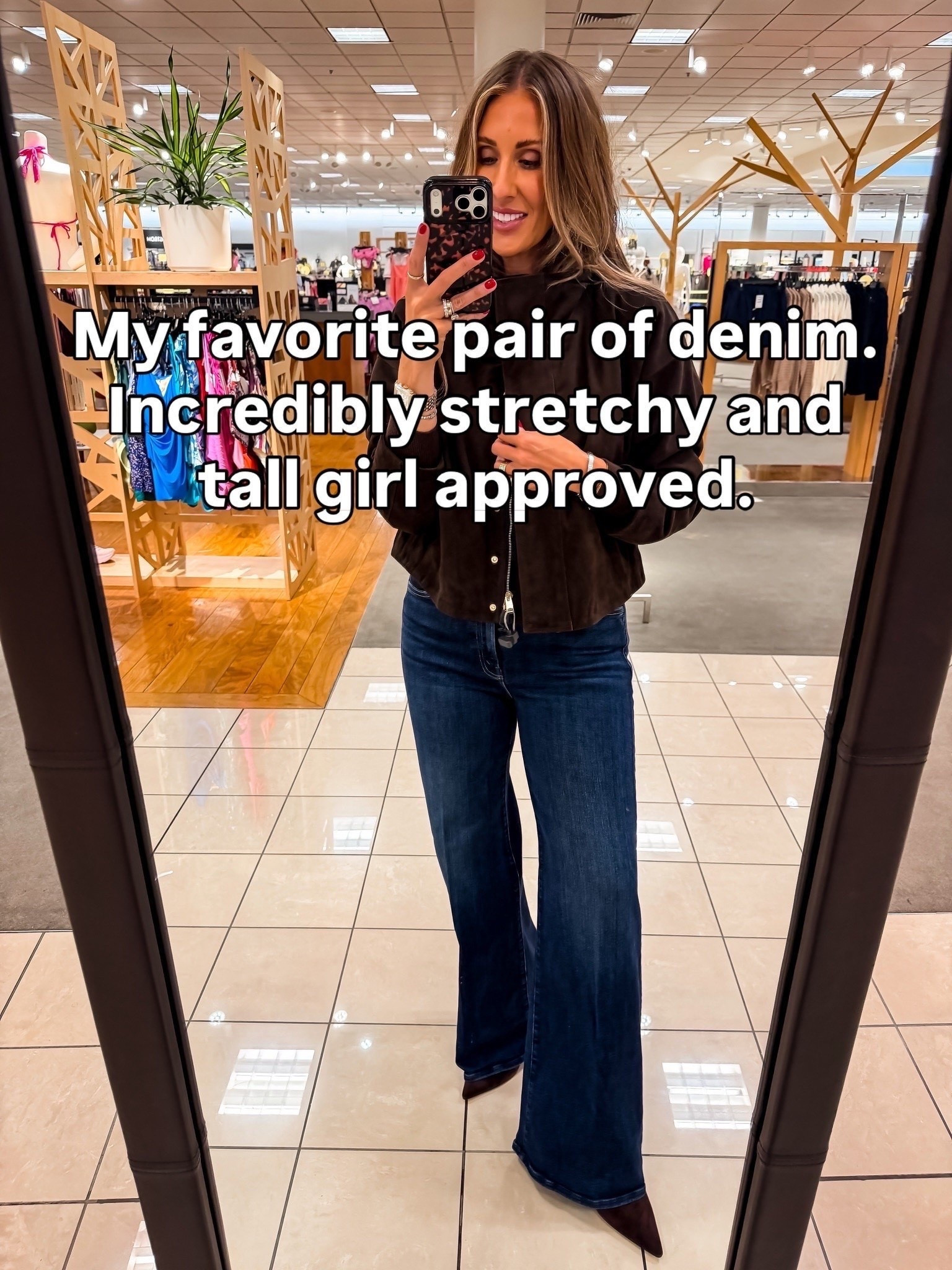 These jeans really are that good. They have plenty of stretch without losing their shape, the wide leg falls clean instead of feeling bulky, and the longer length actually works if you need extra inseam. I love them with a pointed toe shoe for fall.

Size 29

stretchy jeans, tall girl jeans, wide leg denim, long inseam jeans, fall denim, flattering jeans, dark wash jeans, tall women fashion, fall outfit, everyday denim, TheMomInStyle

#LTKootd #LTKSeasonal #LTKOver40