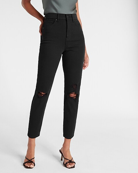 Super High Waisted Black Ripped Mom Jeans | Express