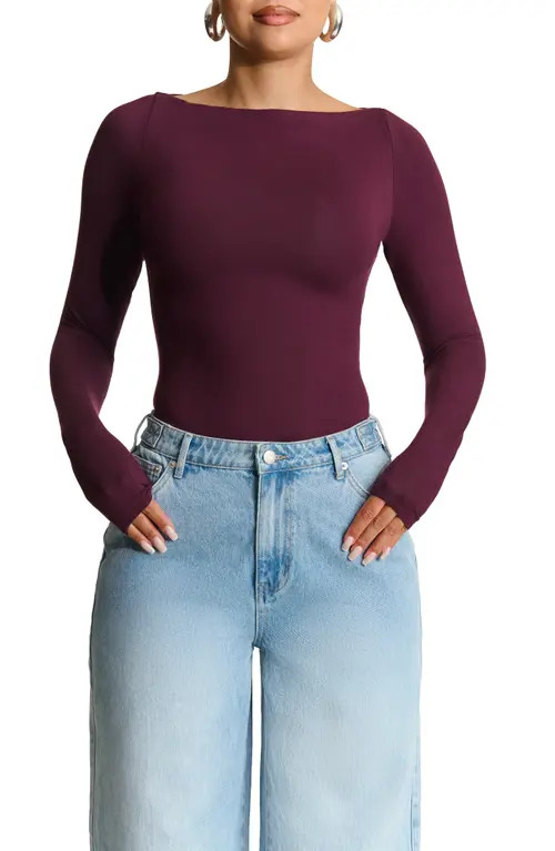 Naked Wardrobe Butter Boat Neck Bodysuit in Dark Plum at Nordstrom, Size X-Large | Nordstrom