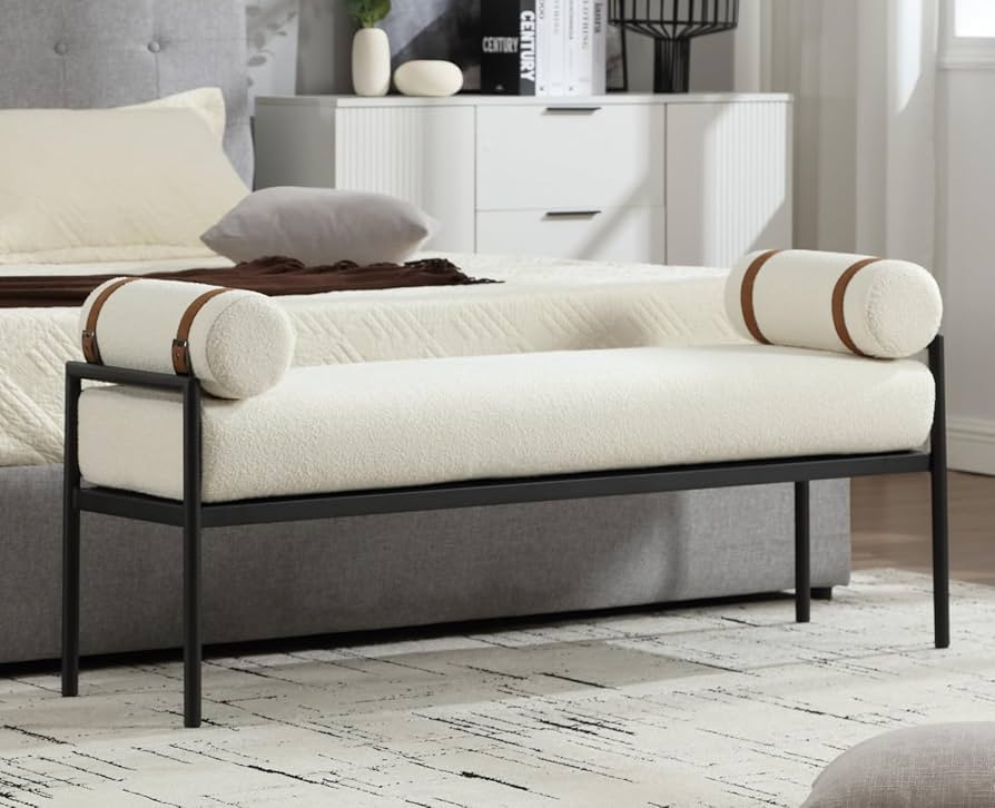 White Sherpa Modern End of Bed Bench Upholstered Entryway Bench with Detachable Cylindrical Pillo... | Amazon (US)
