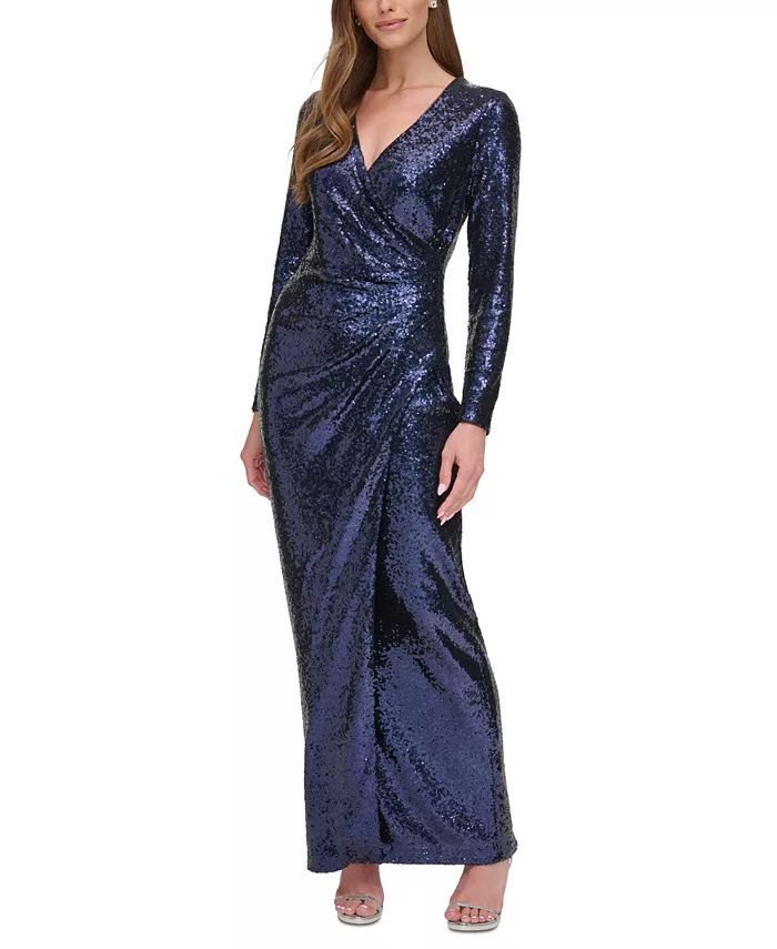 Women's Long-Sleeve Side-Ruched Sequin Gown | Macy's