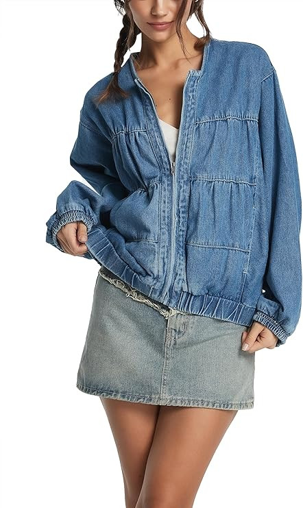 D-Sun Women Denim Bomber Jacket Casual Crewneck Long Sleeves Zip Collarless Cropped Jean Shirt Ja... | Amazon (US)