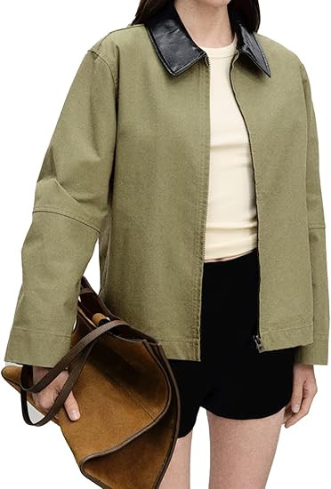 Women Barn Jackets 2025 Fall Trendy Contrast Collar Jacket Coat Casual Oversized Zip-Up Outerwear... | Amazon (US)