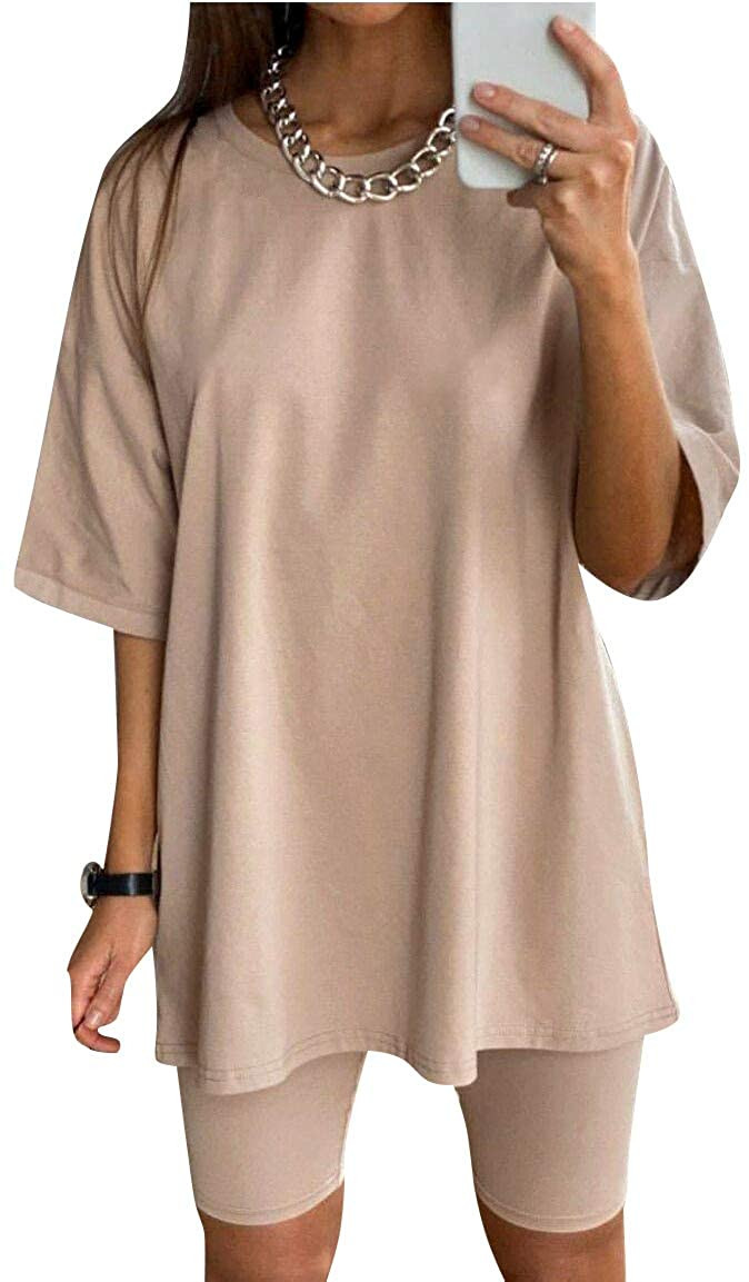 Glamaker Women 2 Piece Outfit sets Casual Oversized T-Shirt Tops Biker Shorts Workout Sports Trac... | Amazon (US)