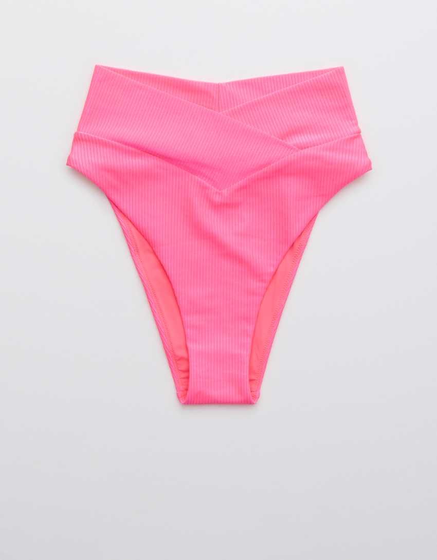 Aerie Ribbed Shine Crossover High Cut Cheeky Bikini Bottom | American Eagle Outfitters (US & CA)