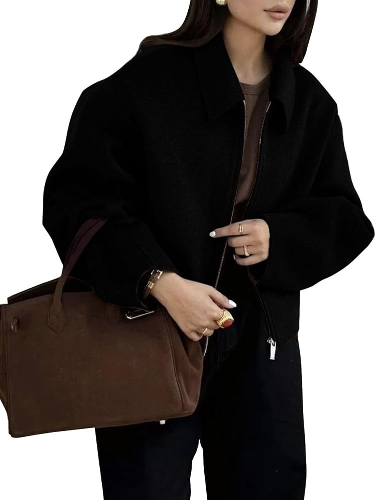 Womens Cropped Wool Jacket Plain Zipper Short Pea Coats Fall Winter Trendy Tweed Jackets 2025 | Amazon (US)