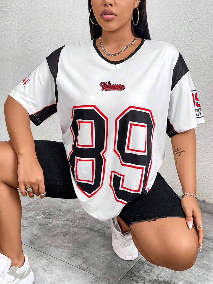 SHEIN EZwear Plus Size Women\ Color Block V-Neck Ribbed Tee | SHEIN